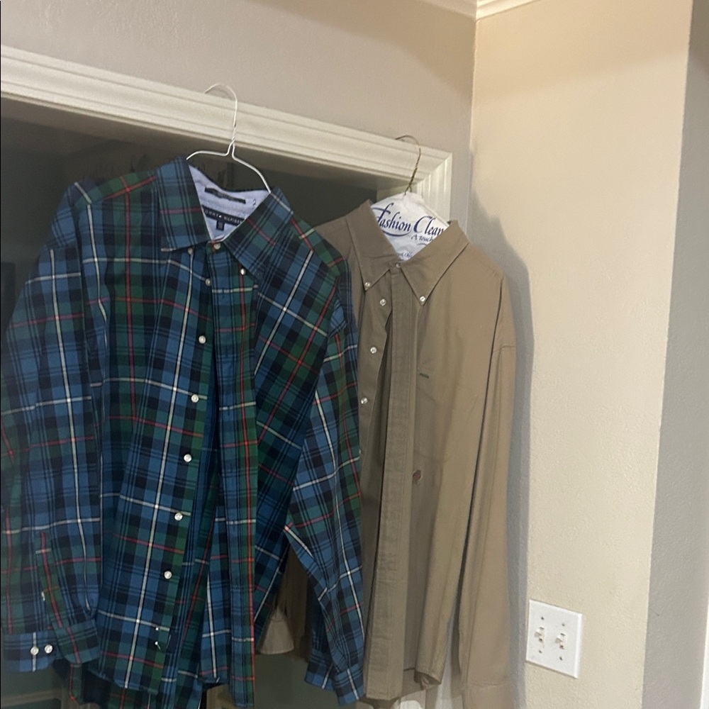 Tommy Hilfiger Blue Plaid and Tan Dress Shirts